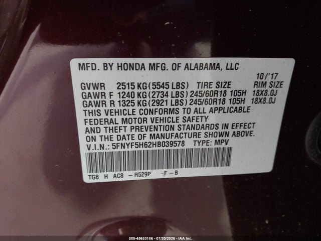 2017 Honda Pilot Ex-l მანქანა იყიდება აუქციონზე, vin: 5FNYF5H62HB039578, აუქციონის ნომერი: 45653186