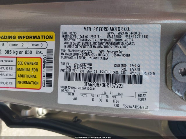 Aukcja sprzedaży 2016 Ford Fusion Se, vin: 3FA6P0H73GR157223, numer aukcji: 45653192
