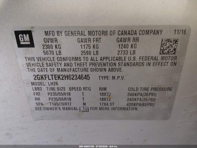 45653199 :رقم المزاد ، 2GKFLTEK2H6234645 vin ، 2017 Gmc Terrain Sle-2 مزاد بيع