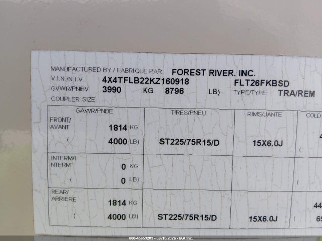 Aukcja sprzedaży 2012 Forest River Flagstaff Super Lite 26fkbs Travel Trailer, vin: 4X4TFLB22KZ160918, numer aukcji: 45653203