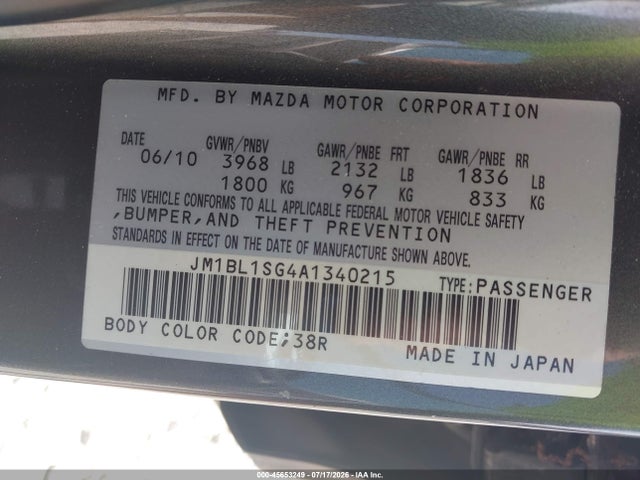 45653249 :رقم المزاد ، JM1BL1SG4A1340215 vin ، 2010 Mazda Mazda3 I Touring مزاد بيع