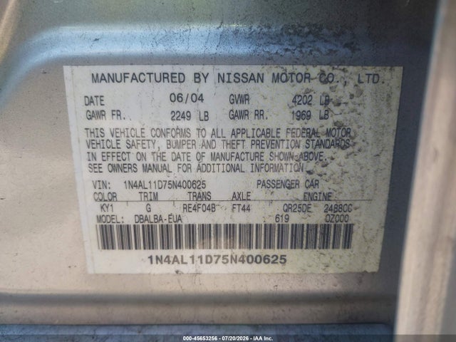 45653256 :رقم المزاد ، 1N4AL11D75N400625 vin ، 2005 Nissan Altima 2.5 S مزاد بيع