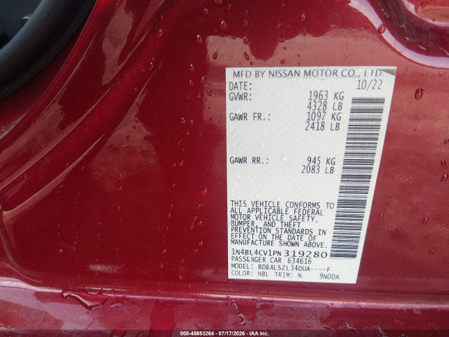 Продаж на аукціоні авто 2023 Nissan Altima Sr Fwd, vin: 1N4BL4CV1PN319280, номер лоту: 45653264