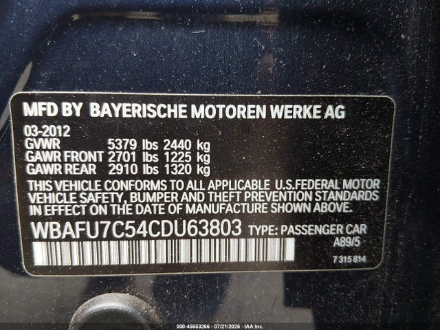 Aukcja sprzedaży 2012 Bmw 535i Xdrive, vin: WBAFU7C54CDU63803, numer aukcji: 45653266