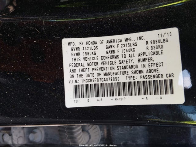 2016 Honda Accord Ex მანქანა იყიდება აუქციონზე, vin: 1HGCR2F07GA079050, აუქციონის ნომერი: 45653302