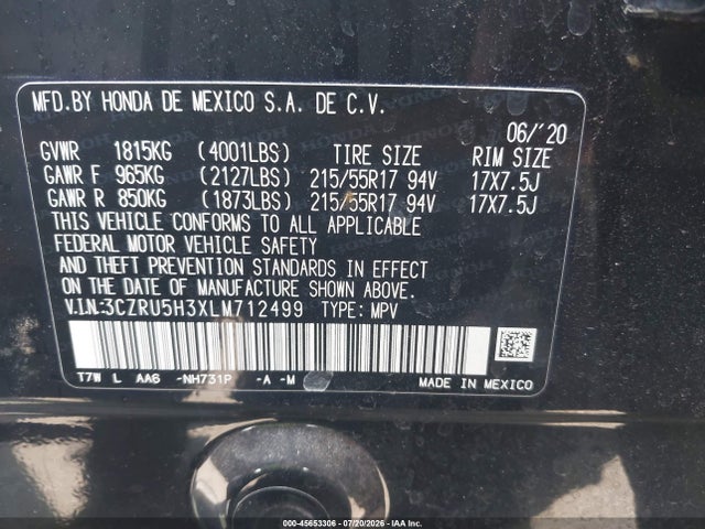 3CZRU5H3XLM712499 Honda Hr-v 2wd Lx