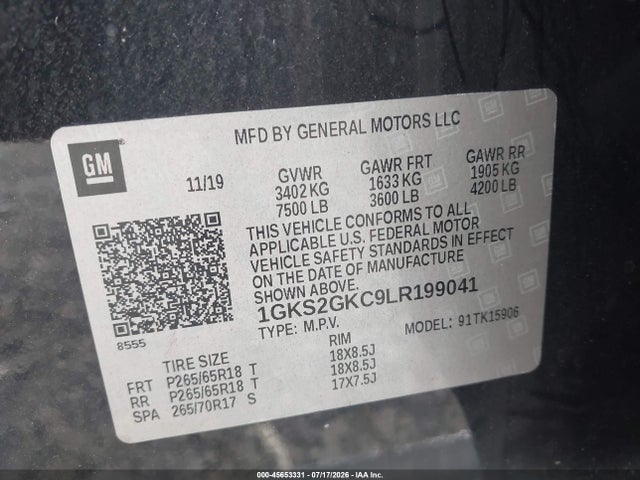 Aukcja sprzedaży 2020 Gmc Yukon Xl 4wd Slt, vin: 1GKS2GKC9LR199041, numer aukcji: 45653331
