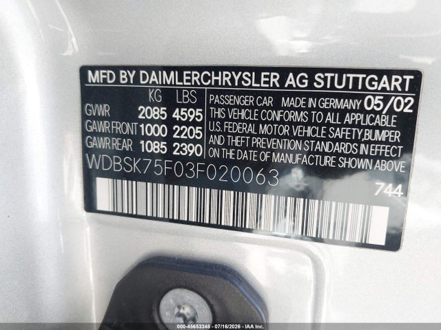 Aukcja sprzedaży 2003 Mercedes-benz Sl 500, vin: WDBSK75F03F020063, numer aukcji: 45653348