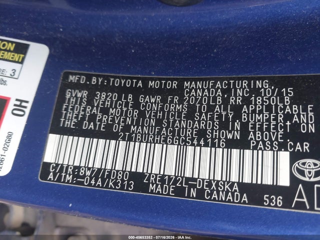 Продаж на аукціоні авто 2016 Toyota Corolla S Plus, vin: 2T1BURHE6GC544116, номер лоту: 45653352