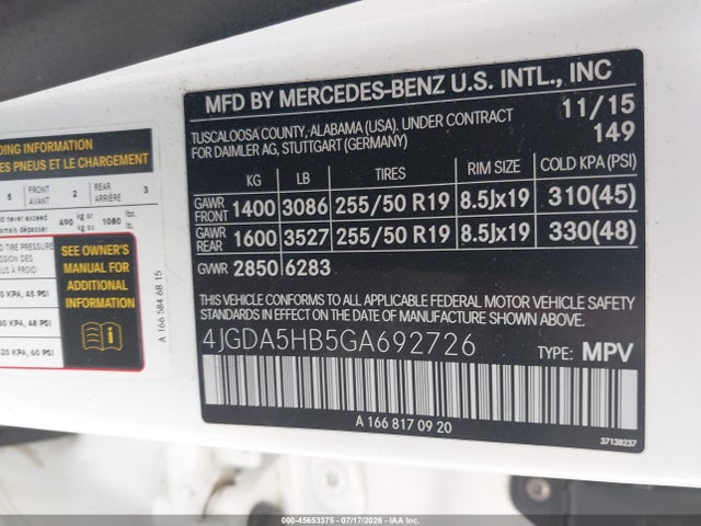 Продаж на аукціоні авто 2016 Mercedes-benz Gle 350 4matic, vin: 4JGDA5HB5GA692726, номер лоту: 45653375