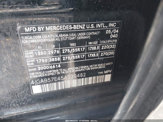 Aukcja sprzedaży 2005 Mercedes-benz Ml 350 4matic, vin: 4JGAB57E45A530482, numer aukcji: 45653378