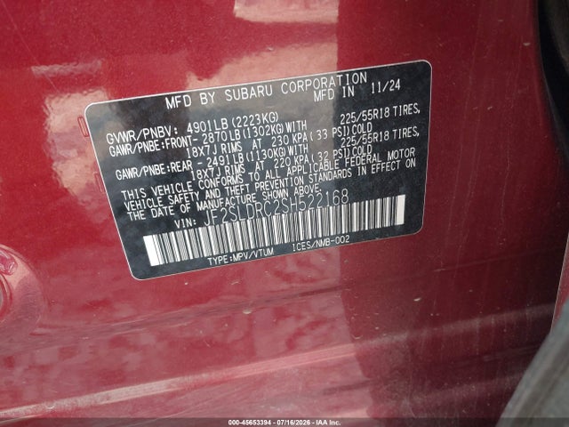 Продаж на аукціоні авто 2025 Subaru Forester Limited, vin: JF2SLDRC2SH522168, номер лоту: 45653394