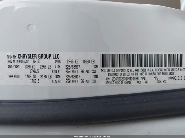 45653397 :رقم المزاد ، 2C4RDGBG7DR814088 vin ، 2013 Dodge Grand Caravan American Value Pkg مزاد بيع