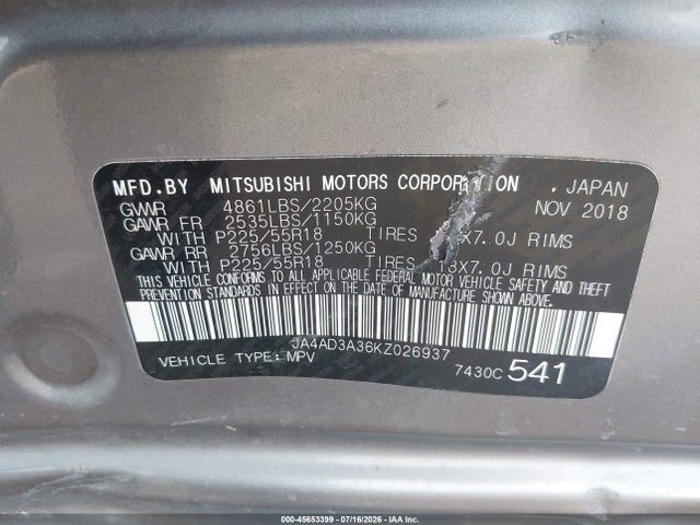 Продажа на аукционе авто 2019 Mitsubishi Outlander Sel, vin: JA4AD3A36KZ026937, номер лота: 45653399