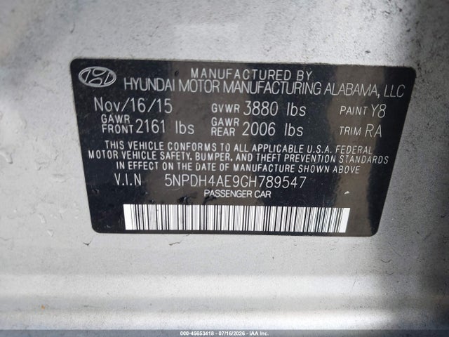 Hyundai ELANTRA SE 2016 5NPDH4AE9GH789547 Image 9