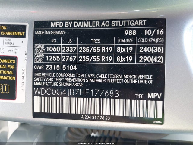 Aukcja sprzedaży 2017 Mercedes-benz Glc 300, vin: WDC0G4JB7HF177683, numer aukcji: 45653420