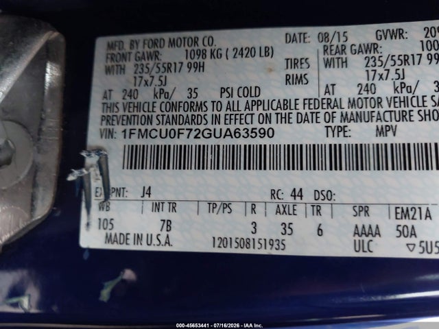 2016 Ford Escape S მანქანა იყიდება აუქციონზე, vin: 1FMCU0F72GUA63590, აუქციონის ნომერი: 45653441