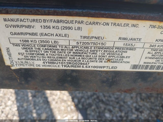 2024 Carry-on Utility Trailer მანქანა იყიდება აუქციონზე, vin: 4YMBU1012RG029447, აუქციონის ნომერი: 45653446