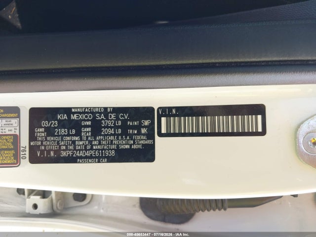 Aukcja sprzedaży 2023 Kia Forte Lxs, vin: 3KPF24AD4PE611938, numer aukcji: 45653447