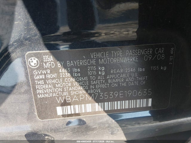 2009 Bmw 335i მანქანა იყიდება აუქციონზე, vin: WBAPM73539E190635, აუქციონის ნომერი: 45653459