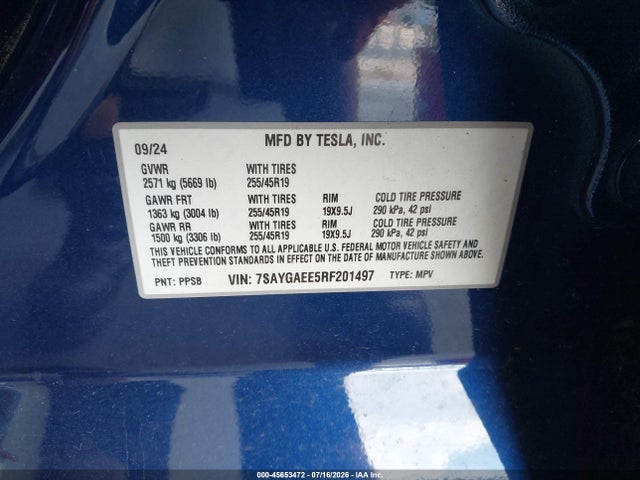 Продаж на аукціоні авто 2024 Tesla Model Y Long Range Dual Motor All-wheel Drive, vin: 7SAYGAEE5RF201497, номер лоту: 45653472