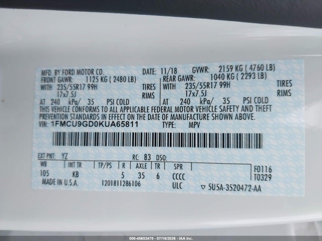 Ford ESCAPE SE 2019 1FMCU9GD0KUA65811 Image 9