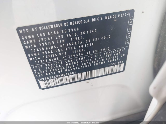 45653482 :رقم المزاد ، 3VV3B7AX0RM096901 vin ، 2024 Volkswagen Tiguan 2.0t Se/2.0t Wolfsburg Edition مزاد بيع