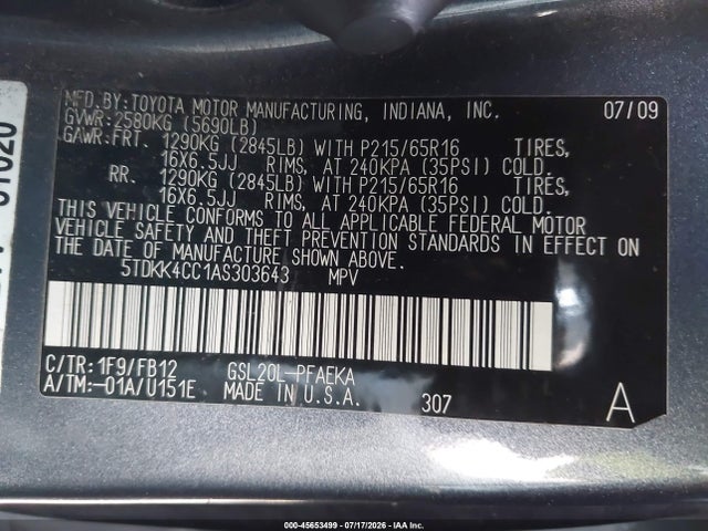Продаж на аукціоні авто 2010 Toyota Sienna Ce, vin: 5TDKK4CC1AS303643, номер лоту: 45653499