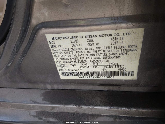 45653511 :رقم المزاد ، 1N4BA41EX6C833809 vin ، 2006 Nissan Maxima 3.5 Sl مزاد بيع