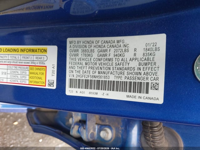 2022 Honda Civic Sport მანქანა იყიდება აუქციონზე, vin: 2HGFE2F58NH561853, აუქციონის ნომერი: 45653522