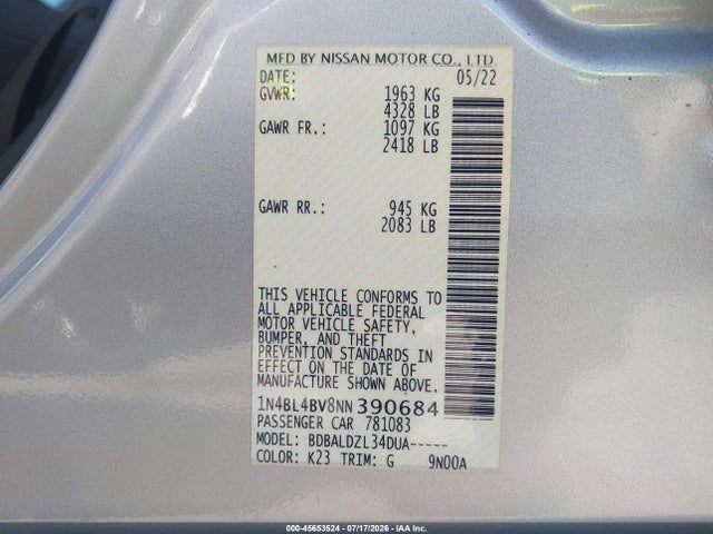 Продаж на аукціоні авто 2022 Nissan Altima S Fwd, vin: 1N4BL4BV8NN390684, номер лоту: 45653524