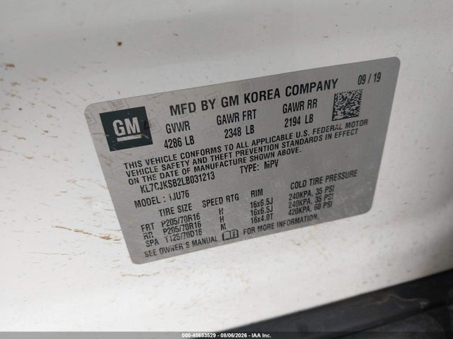 Aukcja sprzedaży 2020 Chevrolet Trax Fwd Ls, vin: KL7CJKSB2LB031213, numer aukcji: 45653529