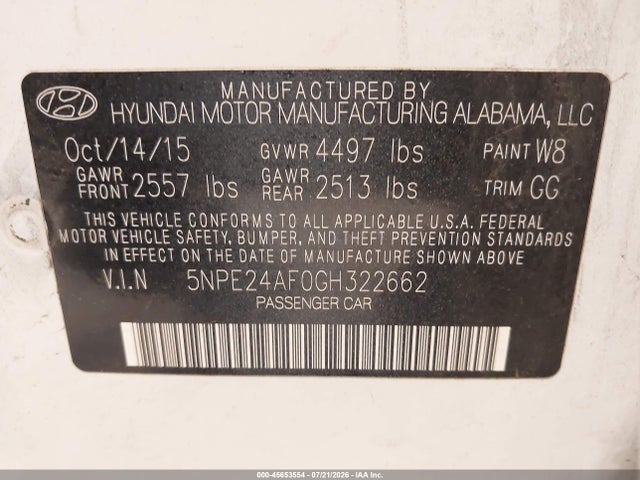 45653554 :رقم المزاد ، 5NPE24AF0GH322662 vin ، 2016 Hyundai Sonata Se مزاد بيع