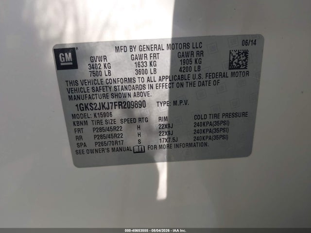 2015 Gmc Yukon Xl 1500 Denali მანქანა იყიდება აუქციონზე, vin: 1GKS2JKJ7FR209890, აუქციონის ნომერი: 45653555