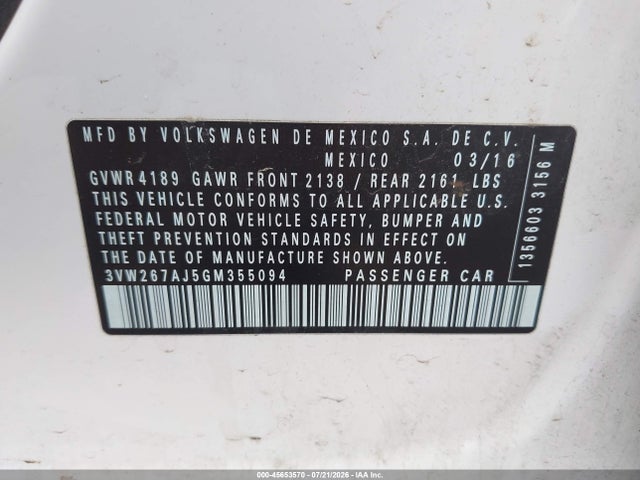 2016 Volkswagen Jetta 1.4t S მანქანა იყიდება აუქციონზე, vin: 3VW267AJ5GM355094, აუქციონის ნომერი: 45653570