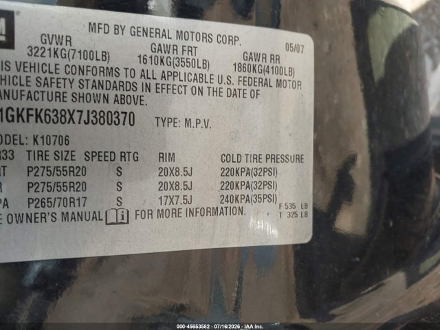 Продаж на аукціоні авто 2007 Gmc Yukon Denali, vin: 1GKFK638X7J380370, номер лоту: 45653582