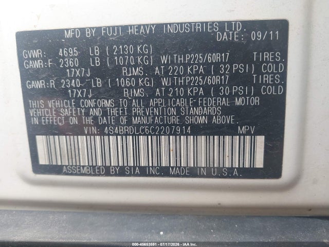 45653591 :رقم المزاد ، 4S4BRDLC6C2207914 vin ، 2012 Subaru Outback 3.6r Limited مزاد بيع