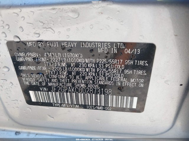 Aukcja sprzedaży 2013 Subaru Xv Crosstrek 2.0i Limited, vin: JF2GPAKC0D2873198, numer aukcji: 45653624