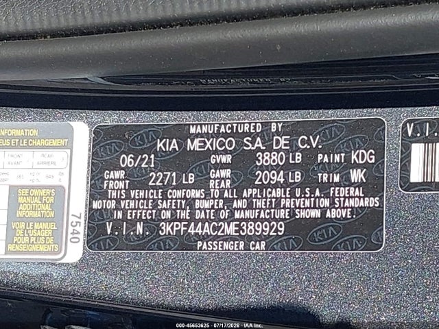 Продажа на аукционе авто 2021 Kia Forte Gt Manual, vin: 3KPF44AC2ME389929, номер лота: 45653625
