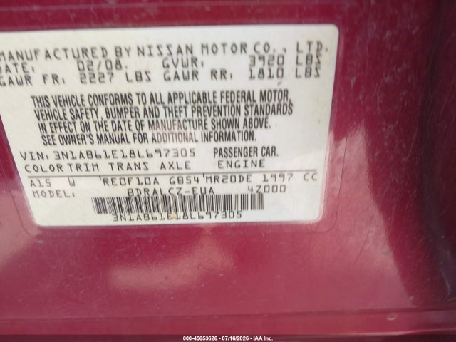 2008 Nissan Sentra 2.0 მანქანა იყიდება აუქციონზე, vin: 3N1AB61E18L697305, აუქციონის ნომერი: 45653626
