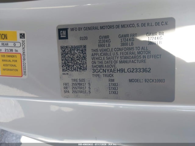 3GCNYAEH9LG233362 Chevrolet Silverado 1500 4wd Long Bed Wt
