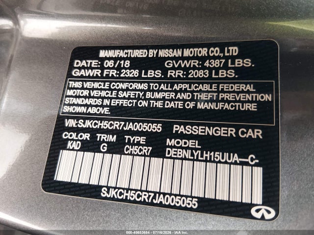 2018 Infiniti Qx30 Essential მანქანა იყიდება აუქციონზე, vin: SJKCH5CR7JA005055, აუქციონის ნომერი: 45653684