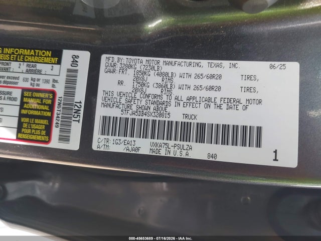 Продажа на аукционе авто 2025 Toyota Tundra Limited, vin: 5TFJA5DB4SX320815, номер лота: 45653689