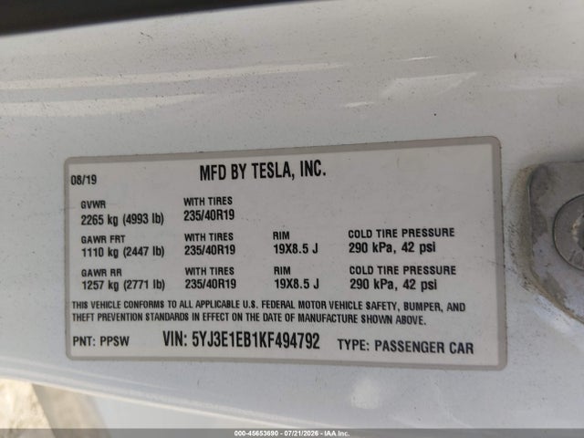 Продаж на аукціоні авто 2019 Tesla Model 3 Long Range/performance, vin: 5YJ3E1EB1KF494792, номер лоту: 45653690