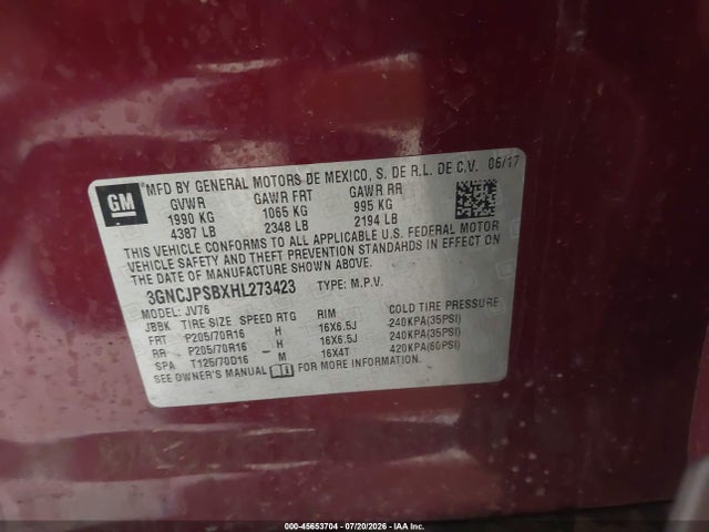 45653704 :رقم المزاد ، 3GNCJPSBXHL273423 vin ، 2017 Chevrolet Trax Lt مزاد بيع