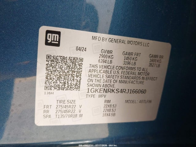 45653711 :رقم المزاد ، 1GKENRKS4RJ166060 vin ، 2024 Gmc Acadia Awd Denali مزاد بيع