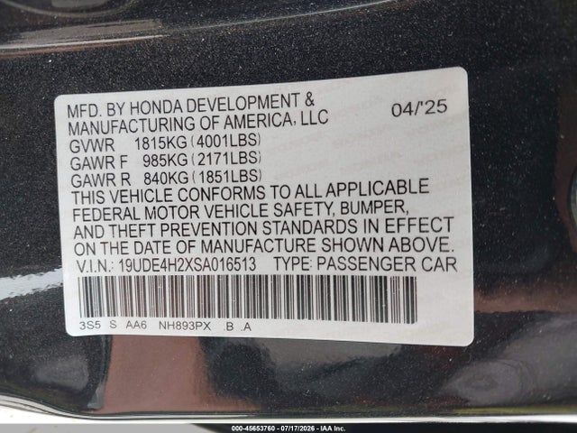 2025 Acura Integra მანქანა იყიდება აუქციონზე, vin: 19UDE4H2XSA016513, აუქციონის ნომერი: 45653760