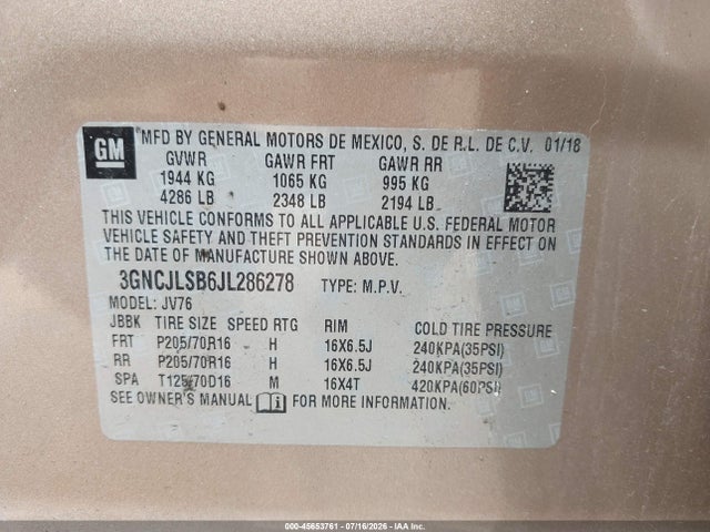 Продаж на аукціоні авто 2018 Chevrolet Trax Lt, vin: 3GNCJLSB6JL286278, номер лоту: 45653761
