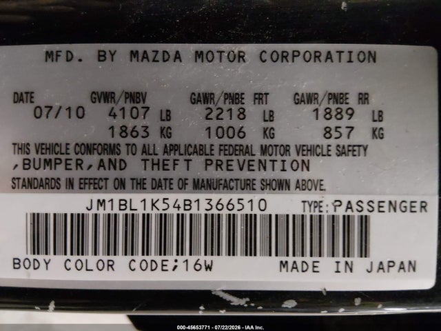 Aukcja sprzedaży 2011 Mazda Mazda3, vin: JM1BL1K54B1366510, numer aukcji: 45653771