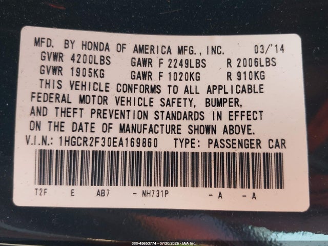 2014 Honda Accord Lx მანქანა იყიდება აუქციონზე, vin: 1HGCR2F30EA169860, აუქციონის ნომერი: 45653774